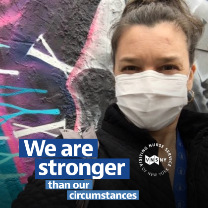 Woman wearing a mask with the caption 'We are stronger than our circumstances'